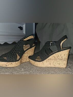 SO Black Crochet Wedge Sandals with Cork Platform
